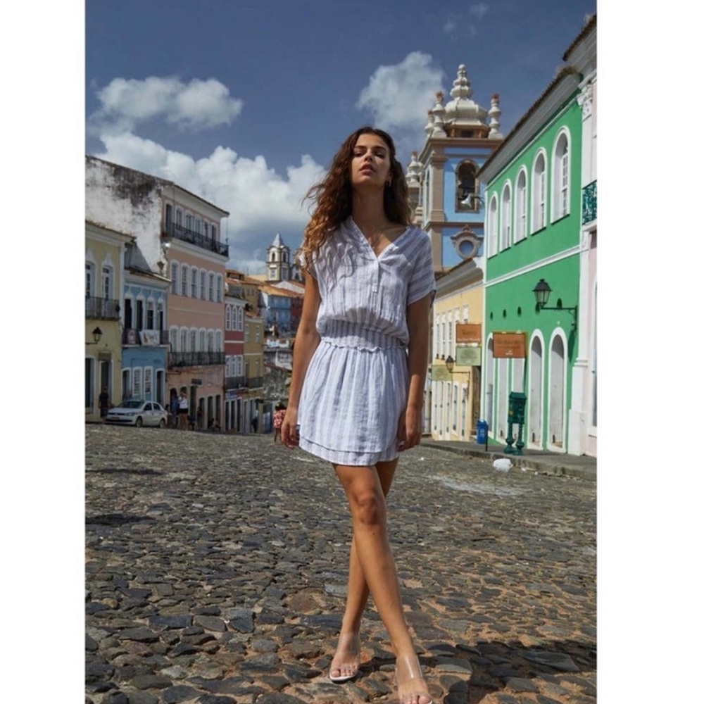 Rails White & Blue Metallic Carmen Stripe Angelina Linen Blend Dress Size L